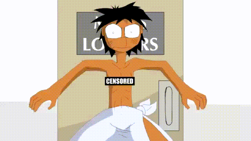 1girl blush breasts censored gif hallway locker nude pussy towel