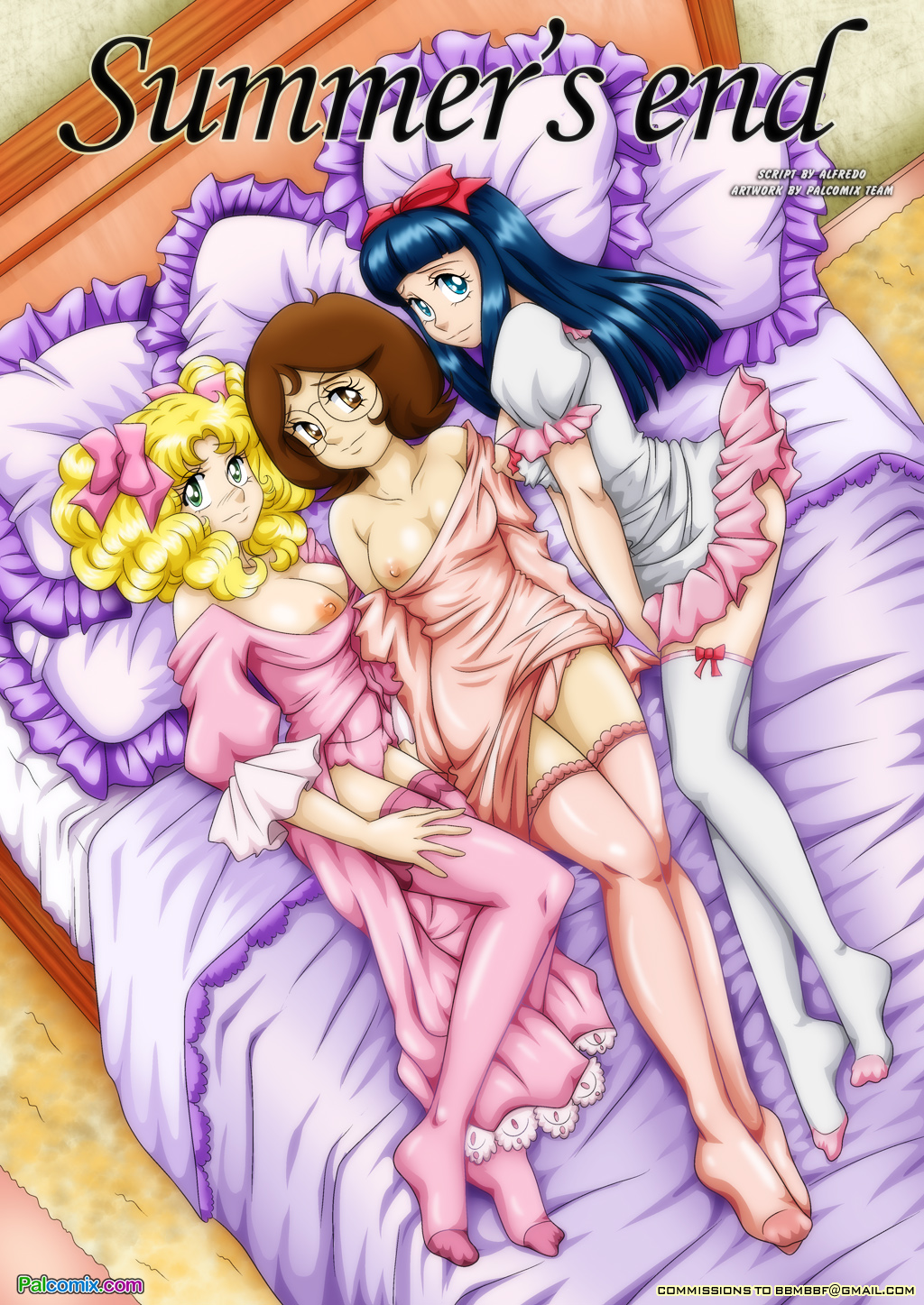 annie_britter bbmbbf bed black_hair blonde_hair breasts brown_hair candice_white candy_candy comic cover_page cute glasses long_hair looking_at_viewer nipples on_back palcomix patricia_o'brien short_hair smile summer's_end underwear