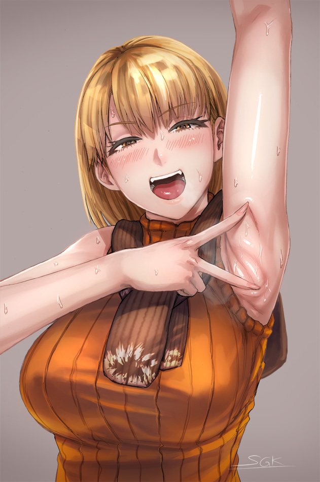 1girl arm_up armpits ascot ashley_graham blonde_hair blush breasts brown_eyes capcom female grey_background kupaa large_breasts long_hair looking_at_viewer naughty_face open_mouth resident_evil resident_evil_4 scarf sgk short_hair showing_armpits simple_background sleeveless_sweater smell smile solo spread_armpit steam sweat sweater sweater_vest teeth tongue yellow_eyes