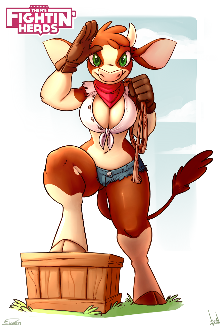1girl anthro anthrofied arizona_cow_(tfh) atryl bandanna bovine cattle cleavage clothed clothing collaboration cutoffs denim_shorts furry gloves green_eyes hooves horn mammal midriff rope shorts siden_(artist) them's_fightin'_herds