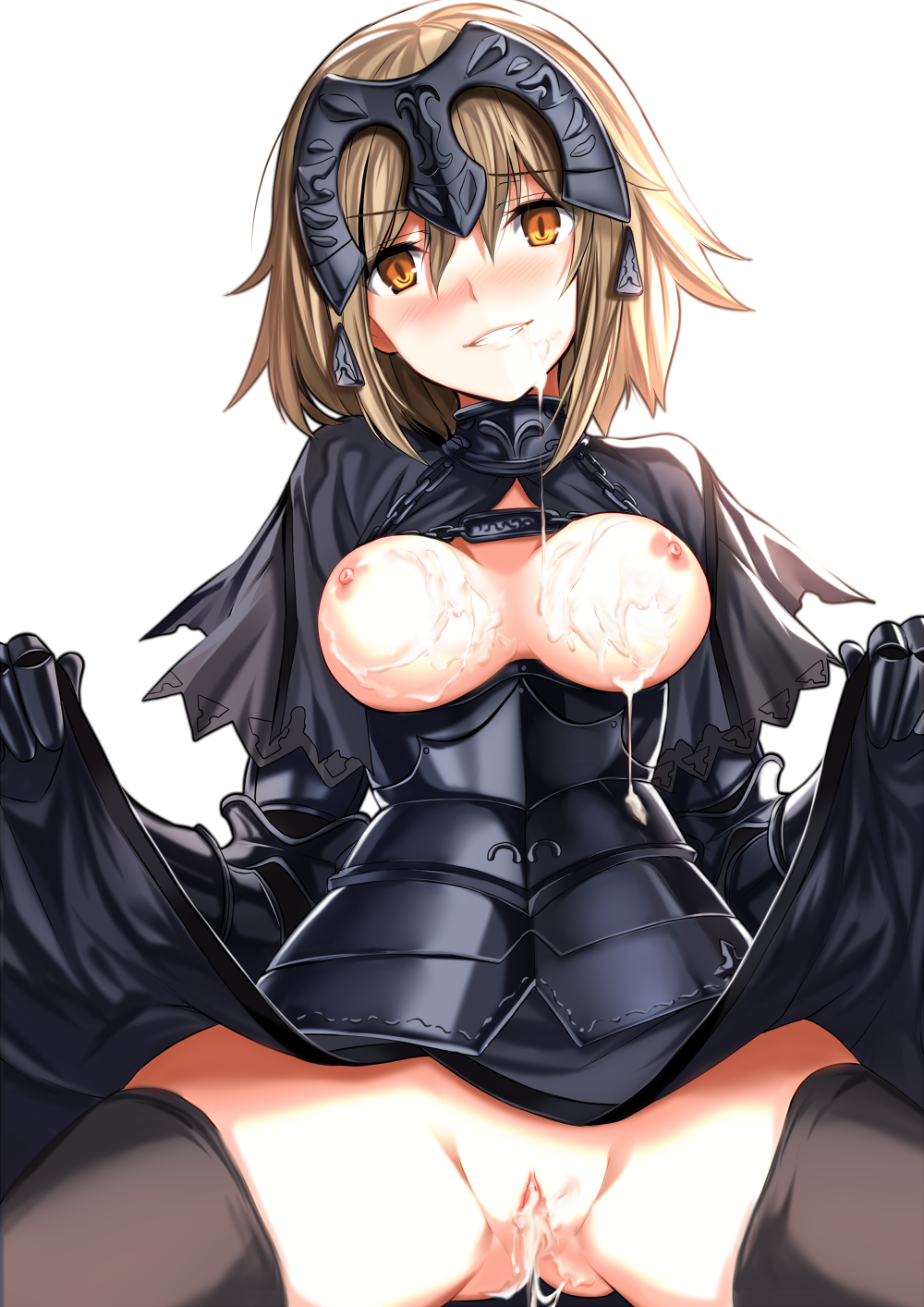 1girl akagami25 armor armored_dress blonde_hair blush braid breasts breasts_outside cum cum_in_pussy cum_on_body cum_on_breasts cum_on_upper_body dress facial fate/apocrypha fate/grand_order fate/stay_night fate_(series) gauntlets headpiece highres jeanne_alter long_hair nipples purple_eyes ruler_(fate/apocrypha) ruler_(fate/grand_order) single_braid skirt skirt_lift solo thighhighs uncensored