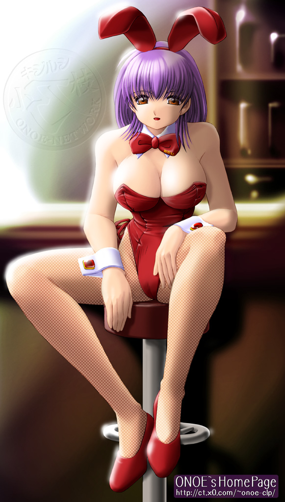 1girl :d animal_ears arm arms art ayane ayane_(doa) babe bar bar_stool bare_shoulders big_breasts bowtie breasts brown_eyes bunny_ears bunny_girl bunnysuit dead_or_alive detached_collar fake_animal_ears high_heels high_res legs leotard looking_at_viewer ninja_gaiden onoe open_mouth purple_hair red_clothes red_eyes red_high_heels short_hair sitting smile stool strapless tecmo wrist_cuffs