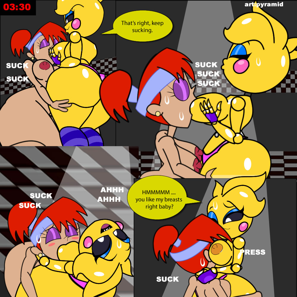 2_girls animatronic breast_press breast_sucking breasts closed_eyes comic crossover dexter's_laboratory dexter's_mom dialogue fat_ass five_nights_at_freddy's five_nights_at_freddy's_2 hand_on_ass huge_breasts legs_up looking_down nude_female pyramid_(artist) touching_body toy_chica toy_chica_(eroticphobia) turn_around younger_female yuri