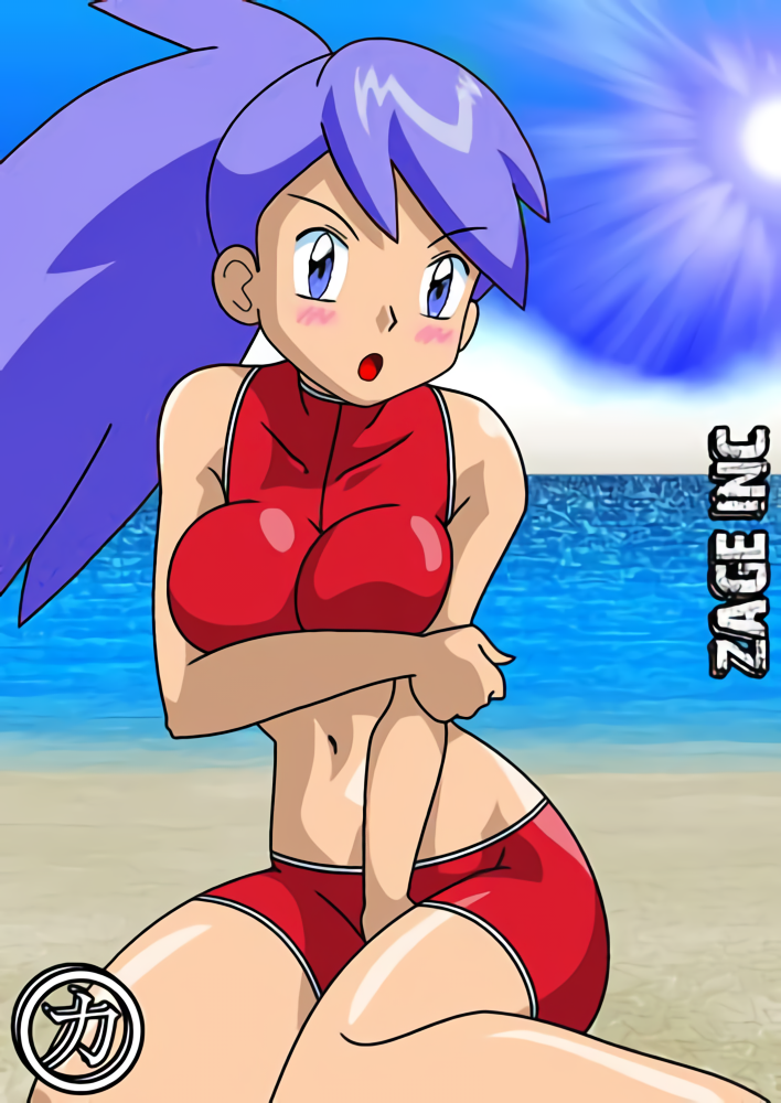 alluring athletic_female beach blue_hair deviantart female_abs fit_female kageta lake_art looking_at_viewer pokemon shauna shauna_(pokemon) shinobu shinobu_(pokemon) toned_female zage_inc