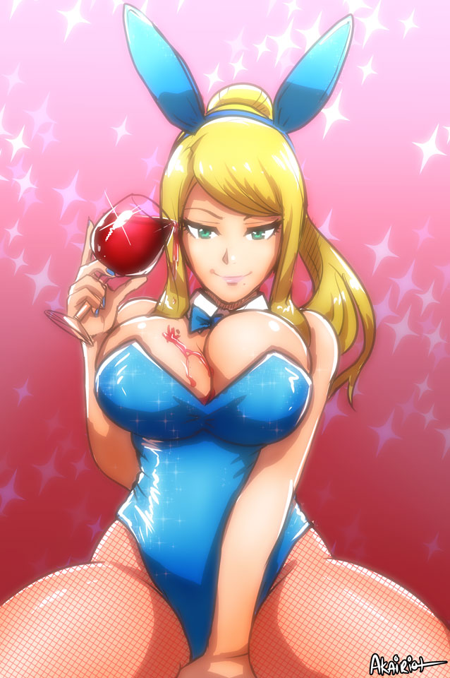 1girl akairiot beauty_mark bimbo blonde_hair bowtie breasts bunny_costume bunny_ears bunny_girl bunnysuit cleavage detached_collar female_only fishnet fishnets fully_clothed green_eyes huge_breasts human leotard looking_at_viewer metroid mole nintendo samus_aran voluptuous wine wine_glass wrist_cuffs