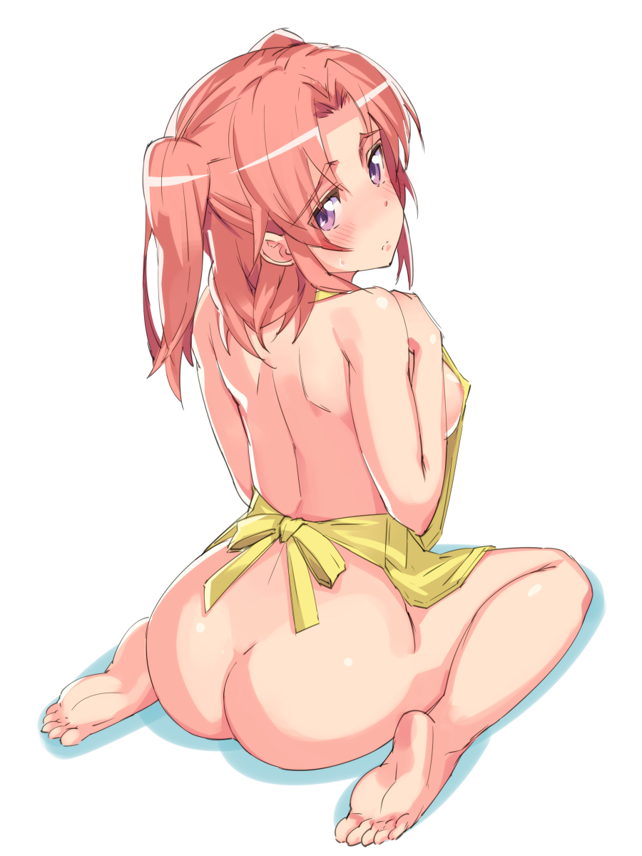 1girl apron areola_slip areolae ass back barefoot blush breasts feet female from_behind hair hands_on_own_chest highres long_hair looking_at_viewer looking_back michairu mikakunin_de_shinkoukei naked_apron nipples pink_hair purple_eyes shiny shiny_skin short_hair sideboob sitting soles solo toes twintails wariza yonomori_kobeni
