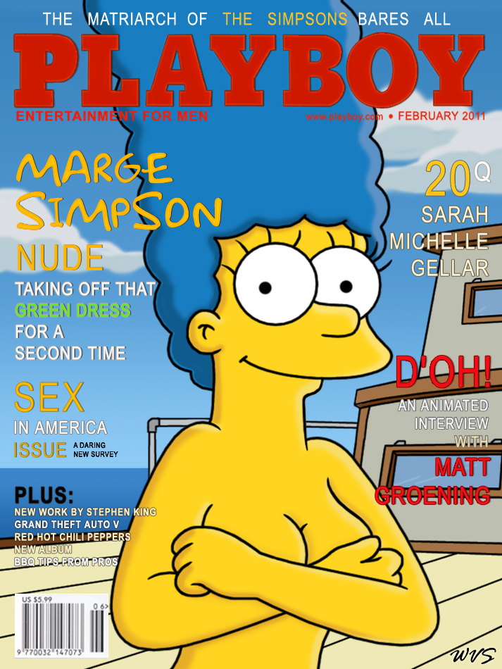barcode blue_hair breasts cleavage cover hair hand_bra magazine magazine_cover marge_simpson milf nude playboy the_simpsons yellow_skin