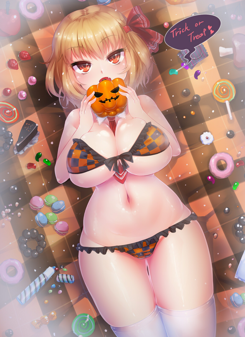 1girl alternate_breast_size alternative_bust_size apple bangs belly between_breasts big_breasts bikini blonde_hair boned_meat breasts cake candy checkered checkered_bikini cherry_(fruit) cleavage condom condom_wrapper curvy doughnut doyouwantto english english_text fang female food frilled_bikini frills front-tie_bikini front-tie_top fruit hair hair_ribbon hair_rings halloween huge_breasts jack-o'-lantern jelly_bean legs_together legwear lollipop looking_at_viewer lying macaron meat navel neck_tie necktie necktie_between_breasts on_back open_mouth plaid red_eyes red_necktie ribbon rumia shiny shiny_skin short_hair skindentation slice_of_cake solo stockings strawberry swimsuit text thick_thighs thighs tie touhou trick_or_treat tsurime white_legwear wide_hips