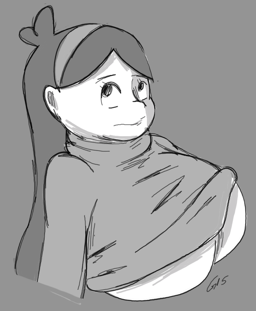 1girl big_breasts black_eyes breasts clothed disney gravity_falls headband long_hair looking_up mabel_pines monochrome signature sketch sweater