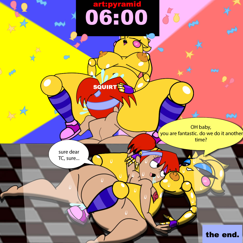 2_girls against_wall animatronic between_legs breast_press breasts carrying closed_eyes comic crossover cum dexter's_laboratory dexter's_mom dialogue fat_ass female_only five_nights_at_freddy's five_nights_at_freddy's_2 hand_on_ass head_on_breasts huge_breasts legs_up licking_pussy looking_down nude_female pushing pussylicking pyramid_(artist) sweat touching_body toy_chica toy_chica_(eroticphobia) younger_female yuri