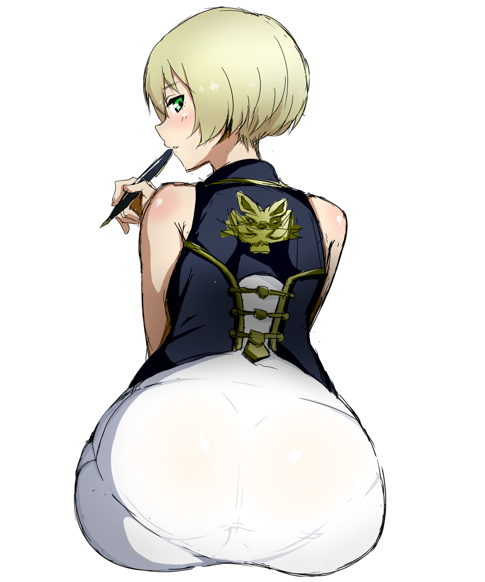 1girl ass bad_id bangs bare_shoulders big_ass blonde_hair blush bob_cut bubble_butt don_(don_0608) fran_(god_eater) fran_francois_francesca_de_bourgogne from_behind god_eater god_eater_2:_rage_burst green_eyes hair_between_eyes highres holding huge_ass leaning_forward light_smile looking_at_viewer looking_back naughty_face pantylines parted_lips pen profile short_hair simple_background sitting sketch sleeveless solo white_background wide_hips