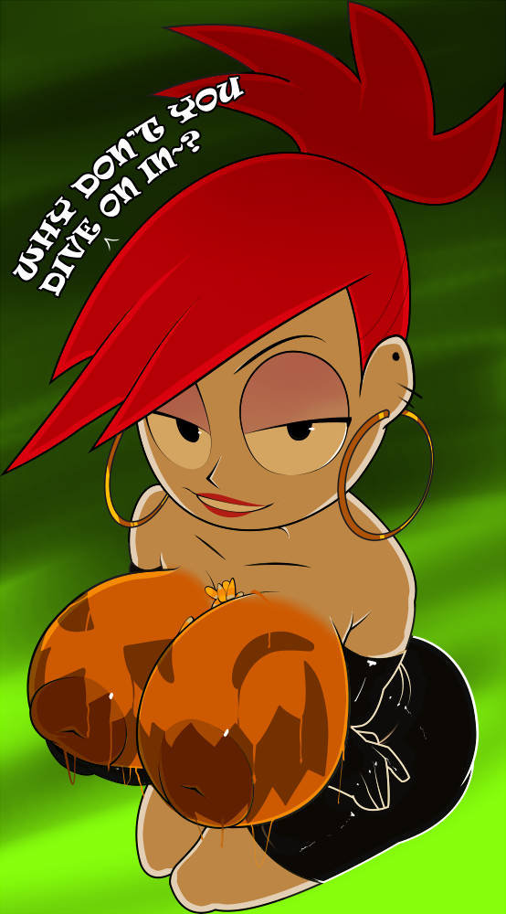 big_breasts black_eyes bodypaint breasts candy candy_corn dress earrings foster's_home_for_imaginary_friends frankie_foster gloves halloween jack-o'-lantern looking_up nipples paint pumpkin_breasts red_hair shiny shiny_skin theboogie topless