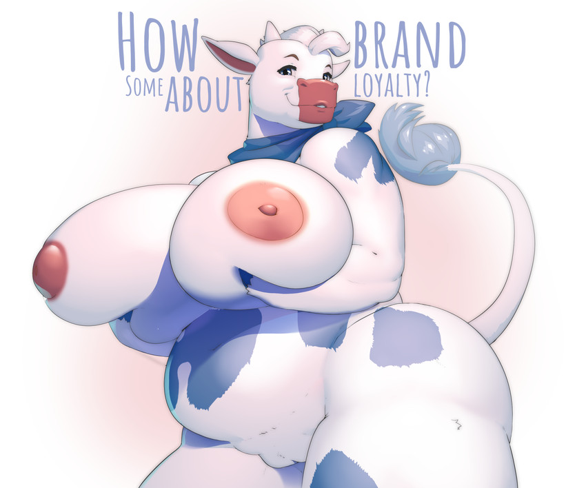 1girl 1girl 2021 anthro areola big_breasts blue_eyes bovid bovine breasts cattle english_text furry genitals hair high_res holding_breast holstein_friesian_cattle horn huge_breasts inverted_nipples juzztie kerchief kerchief_only lactaid lactaid_cow looking_at_viewer mammal mascot mostly_nude neckerchief neckerchief_only nipples pussy text thick_thighs white_hair