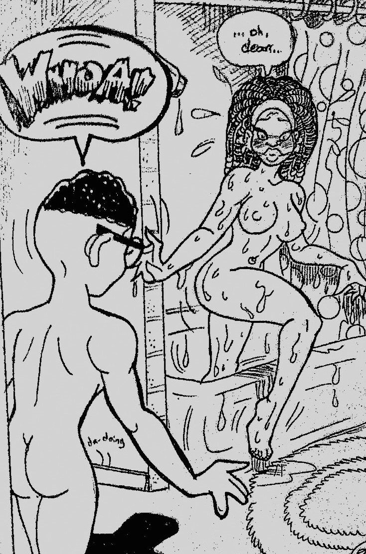 1girl ass bathroom blush breasts embarrassing glasses hair human long_hair male milf nerd nipples nude shiny shiny_skin short_hair showing surprise water wet william_j._griffin_(artist)