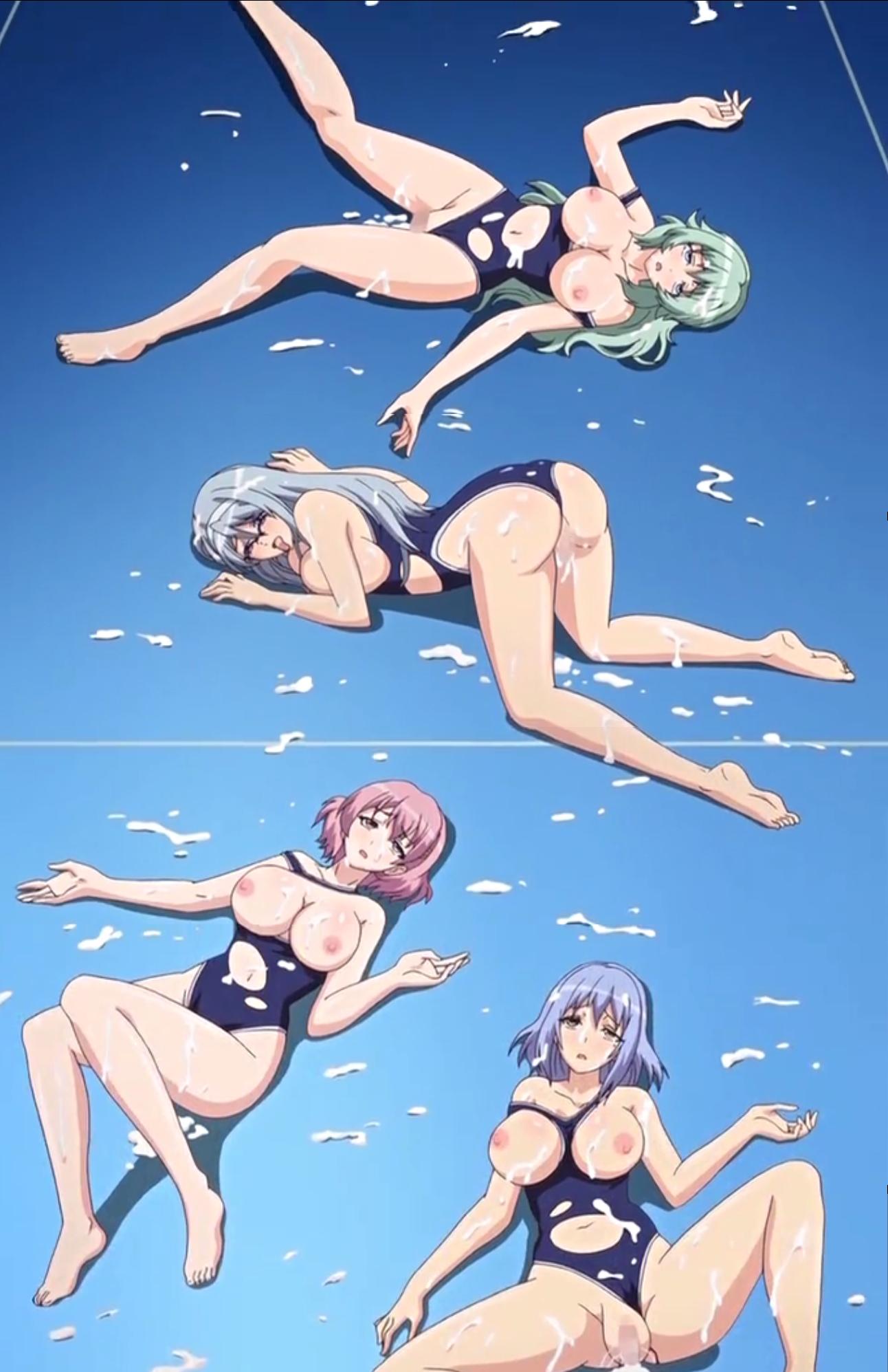 4girls after_sex aftersex ahegao all_fours areolae blood breasts breasts_out breasts_outside cum cum_in_pussy gakuen_de_jikan_yo_tomare glasses large_breasts long_hair lying multiple_girls nipples on_back one-piece_swimsuit open_mouth rape screencap stitched swimsuit swimsuit_aside take_your_pick time_stop torn_clothes virgin
