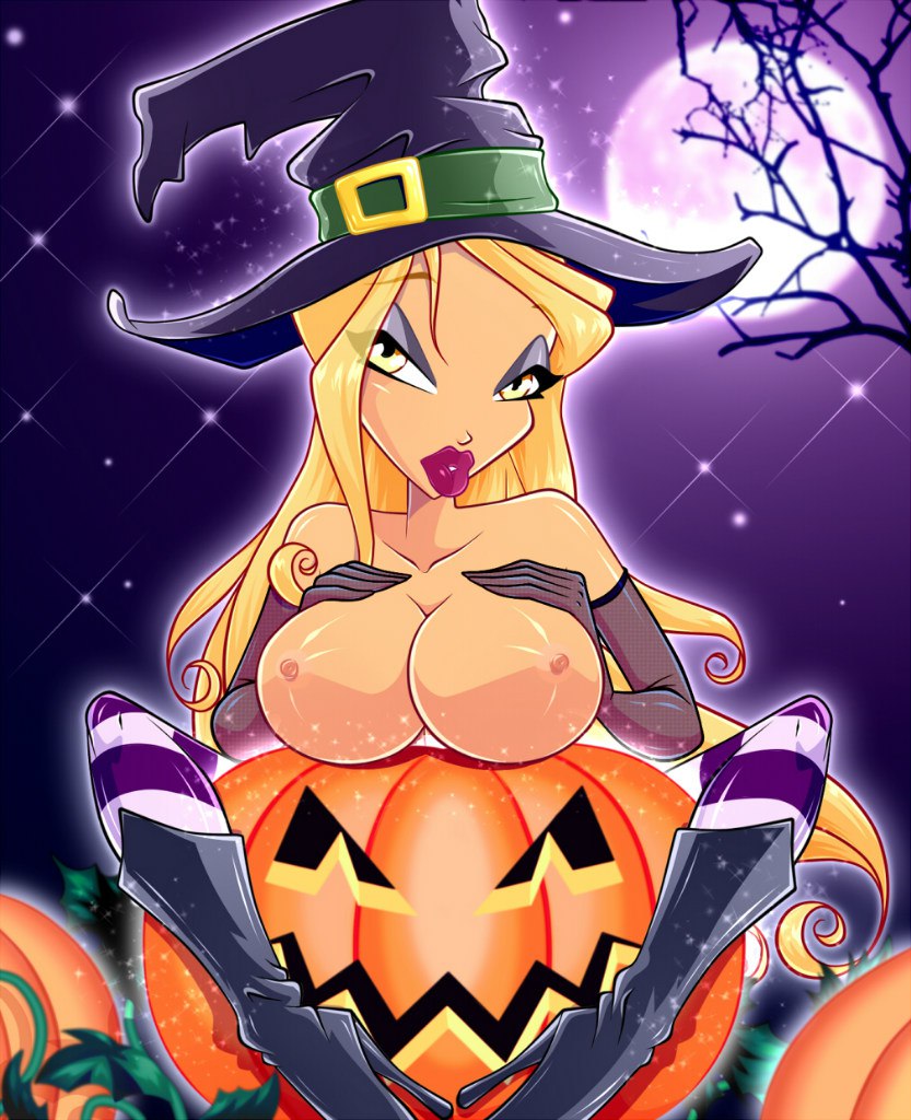 1girl big_breasts blonde_hair breasts daphne_(winx_club) female female_only full_moon halloween jack-o'-lantern moon nickelodeon night outside pumpkin solo tagme winx_club witch_hat yellow_eyes zfive