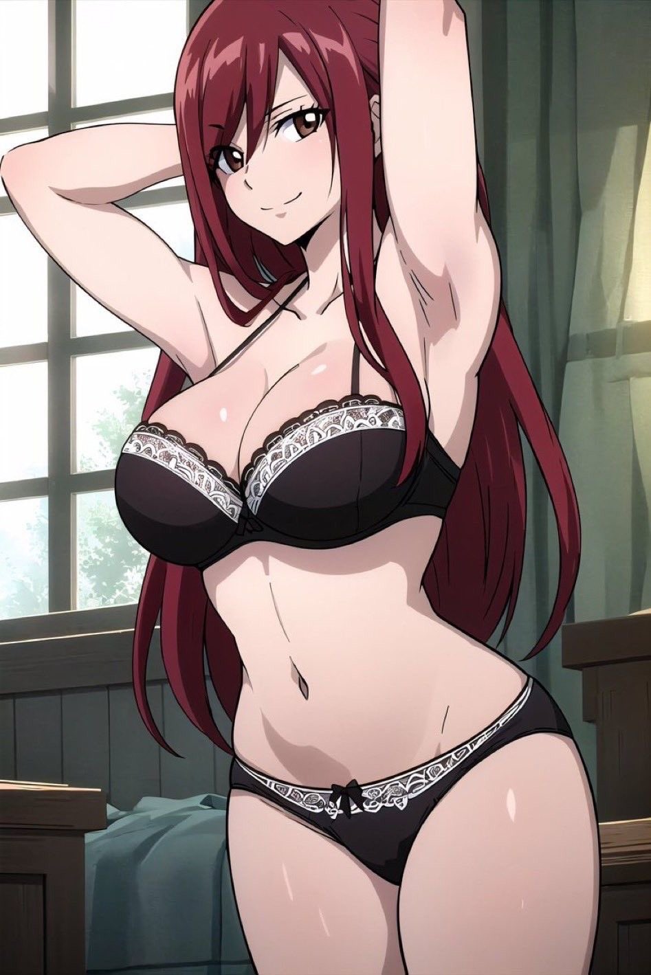1girl ai_generated armpits big_breasts breasts erza_scarlet fairy_tail looking_at_viewer navel stable_diffusion underwear