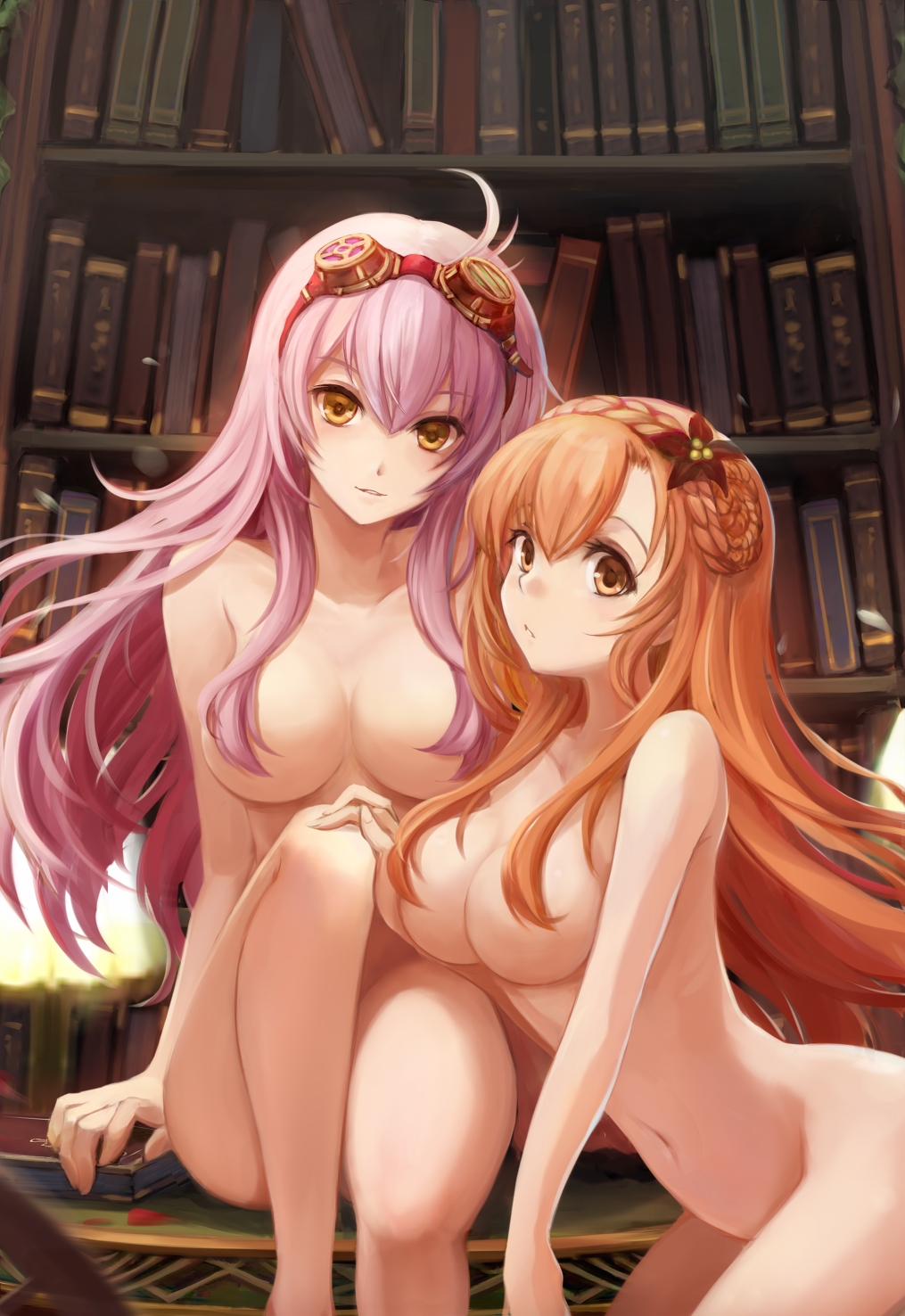 2_girls 2girls :&lt; absurd_res absurdres ahoge arm arm_support arms arnas_(yoru_no_nai_kuni) art babe bangs bare_arms bare_legs bare_shoulders big_breasts blonde_hair book bookshelf braid breasts convenient_censoring convenient_leg female/female female_only flower goggles goggles_on_head grin hair hair_between_eyes hair_bun hair_censor hair_flower hair_ornament hair_over_breasts hairband hand_on_another's_knee highres large_breasts lavender_hair leaning_forward legs light_smile long_hair looking_at_viewer lyuritis_(yoru_no_nai_kuni) multiple_girls mutual_yuri navel nude orange_hair parted_lips pepsimen pepsimen_(artist) pink_hair sitting smile yellow_eyes yoru_no_nai_kuni yuri