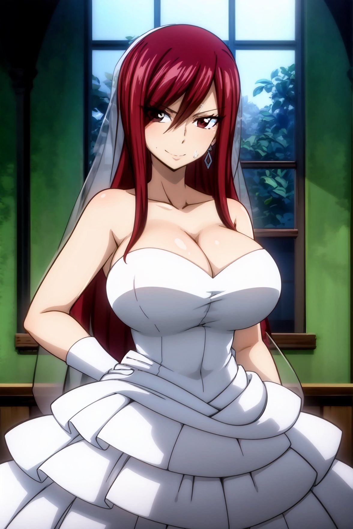 1girl ai_generated big_breasts breasts erza_scarlet fairy_tail looking_at_viewer stable_diffusion wedding_dress