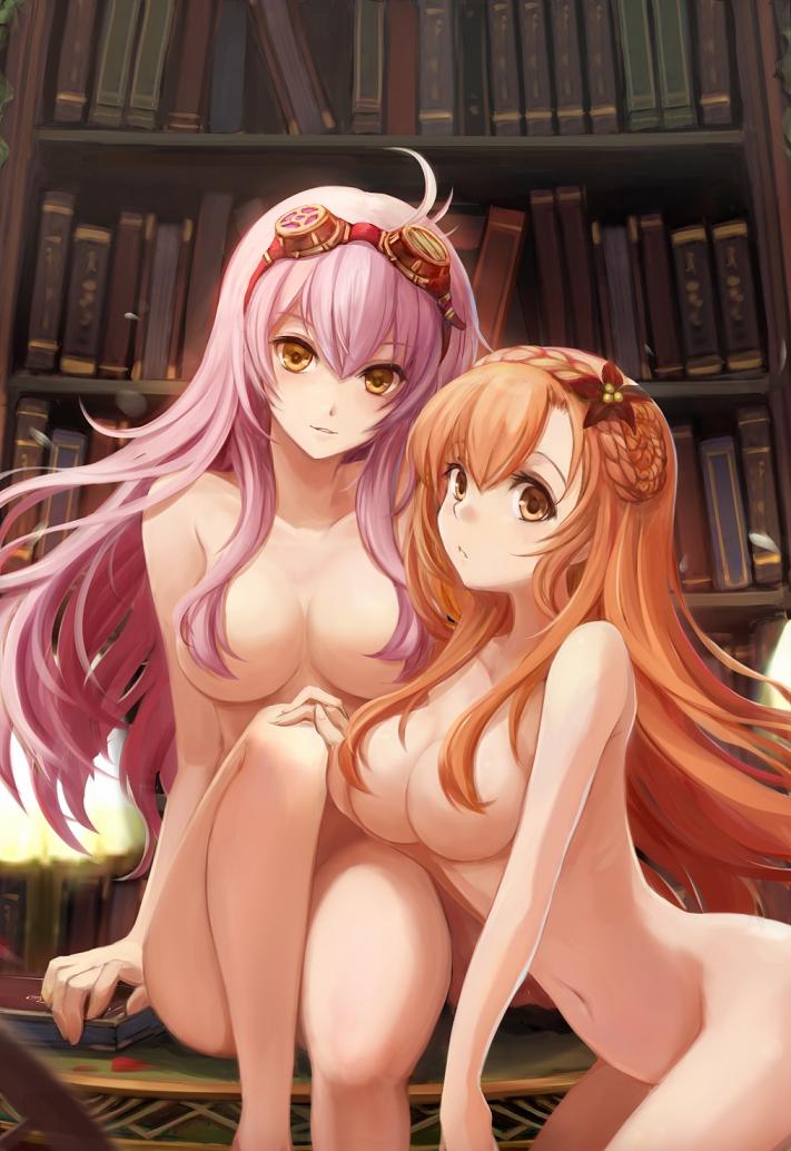 2_girls 2girls ahoge arm arm_support arms arnas_(yoru_no_nai_kuni) art babe bare_arms bare_legs bare_shoulders big_breasts blonde_hair book bookshelf braid breasts convenient_censoring convenient_leg female/female female_only flower goggles goggles_on_head grin hair hair_censor hair_flower hair_ornament hair_over_breasts hairband hand_on_another's_knee highres large_breasts lavender_hair legs light_smile long_hair looking_at_viewer lyuritis_(yoru_no_nai_kuni) multiple_girls mutual_yuri navel nude parted_lips pepsimen pepsimen_(artist) sitting smile yellow_eyes yoru_no_nai_kuni yuri