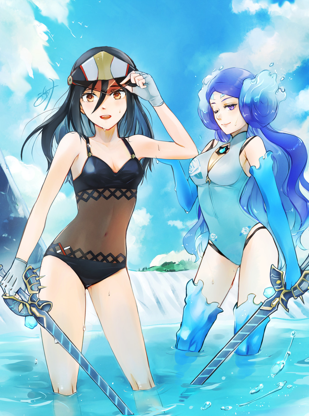 2girls alluring big_breasts black_hair black_one-piece_swimsuit black_swimsuit blue_hair blue_one-piece_swimsuit blue_swimsuit breasts brighid brighid_(xenoblade) brown_eyes clouds core_crystal covered_navel duo elbow_gloves female_only fingerless_gloves gloves hat holding_sword in_water long_hair looking_at_viewer medium_breasts military morag_ladair nintendo one-piece_bikini one-piece_swimsuit outside purple_eyes see-through sky swimsuit sword uyumi_x water xenoblade_(series) xenoblade_chronicles_2