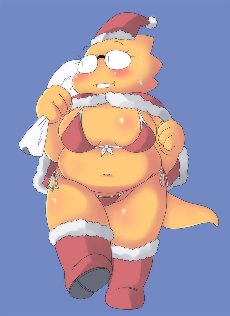 1girl 2d 2d_(artwork) adorable alphys alphys_(undertale) anthro anthro_only aruput aruput_ut belly big_breasts bikini blue_background blush boots breasts christmas chubby chubby_anthro chubby_belly chubby_female cute digital_media_(artwork) female_anthro female_only glasses lizard lizard_girl lizard_tail looking_away monster monster_girl navel non-mammal_breasts non-mammal_navel reptile reptile_girl reptile_tail santa_bag santa_boots santa_costume santa_hat scalie simple_background solid_color_background solo_anthro solo_female string_bikini swimsuit tail third-party_source undertale undertale_(series) video_games yellow_body yellow_skin