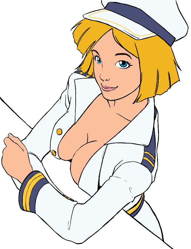 1_girl 1girl alternate_costume arm_rest art artist_request babe big_breasts blonde_hair blue_eyes breast_rest breasts cleavage clover_(totally_spies) from_above hat large_breasts lips long_sleeves looking_at_viewer looking_up open_clothes peaked_cap short_hair smile totally_spies uniform upper_body white_background