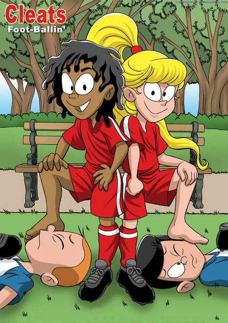 2boys 2girls black_hair blonde_hair cleats_(comic) cover_page footjob multiple_boys multiple_girls toes