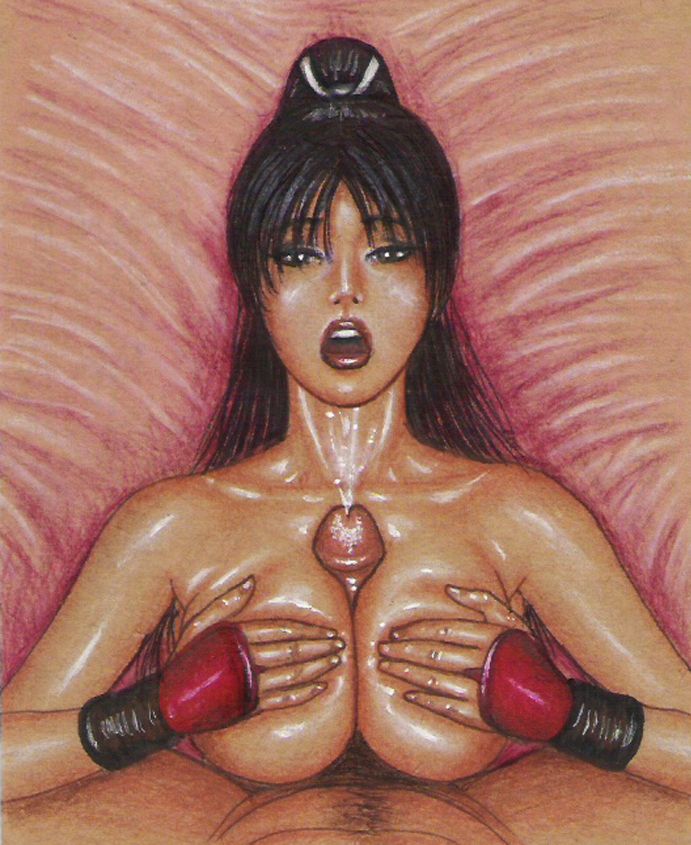 areolae big_breasts breast_press breasts breasts_out brown_hair cleavage cum cum_on_neck cumshot edithemad fatal_fury fingerless_gloves full_cleavage glans king_of_fighters kunoichi large_breasts mai_shiranui nipples paizuri penis ponytail pubes pubic_hair snk unseen_male_face