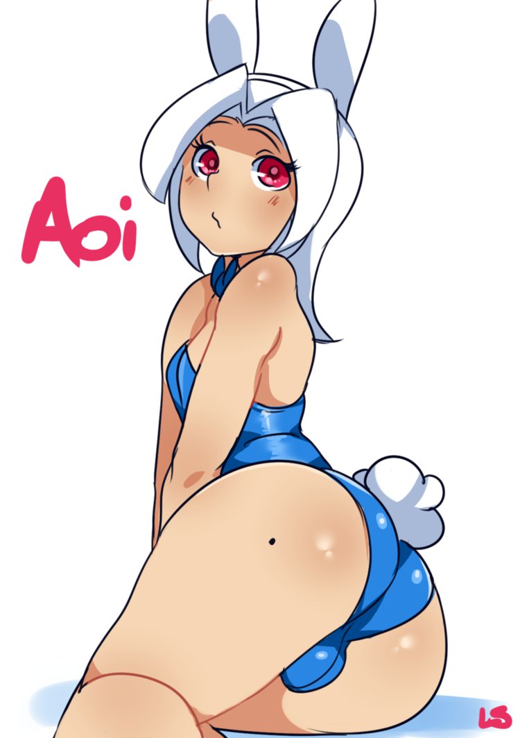 1boy 1girl 2017 :3 androgynous aoi_(lightsource) ass balls balls_in_bunnysuit beauty_mark big_ass blue_clothing blush bunny_boy bunny_ears bunnysuit easter femboy girly large_ass lightsource looking_back male mole red_eyes text trap white_background white_hair wide_hips wide_thighs