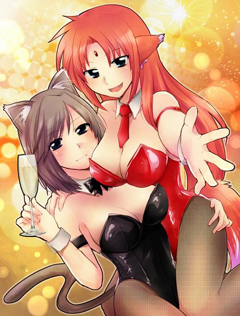 2_girls 2girls :d animal_ears arf arm armband arms art ass_grab babe bad_id bare_arms bare_shoulders big_breasts blue_eyes blush bowtie breasts brown_hair bunnysuit cat_ears cat_tail cleavage cup detached_collar dog_ears dog_tail drinking_glass facial_mark fang fishnet_pantyhose fishnets forehead_mark girl_on_top grey_hair hair hand_on_hip hand_on_shoulder high_res highleg_leotard hugging kittysuit leotard linith long_hair looking_at_viewer love lyrical_nanoha mahou_shoujo_lyrical_nanoha mahou_shoujo_lyrical_nanoha_a's multiple_girls mutual_yuri nagashiro_rouge neck_tie open_mouth orange_hair outstretched_hand pantyhose playboy_bunny_leotard short_hair sitting sitting_on_person smile strapless tail tmntlovemaou wine_glass wrist_cuffs yuri