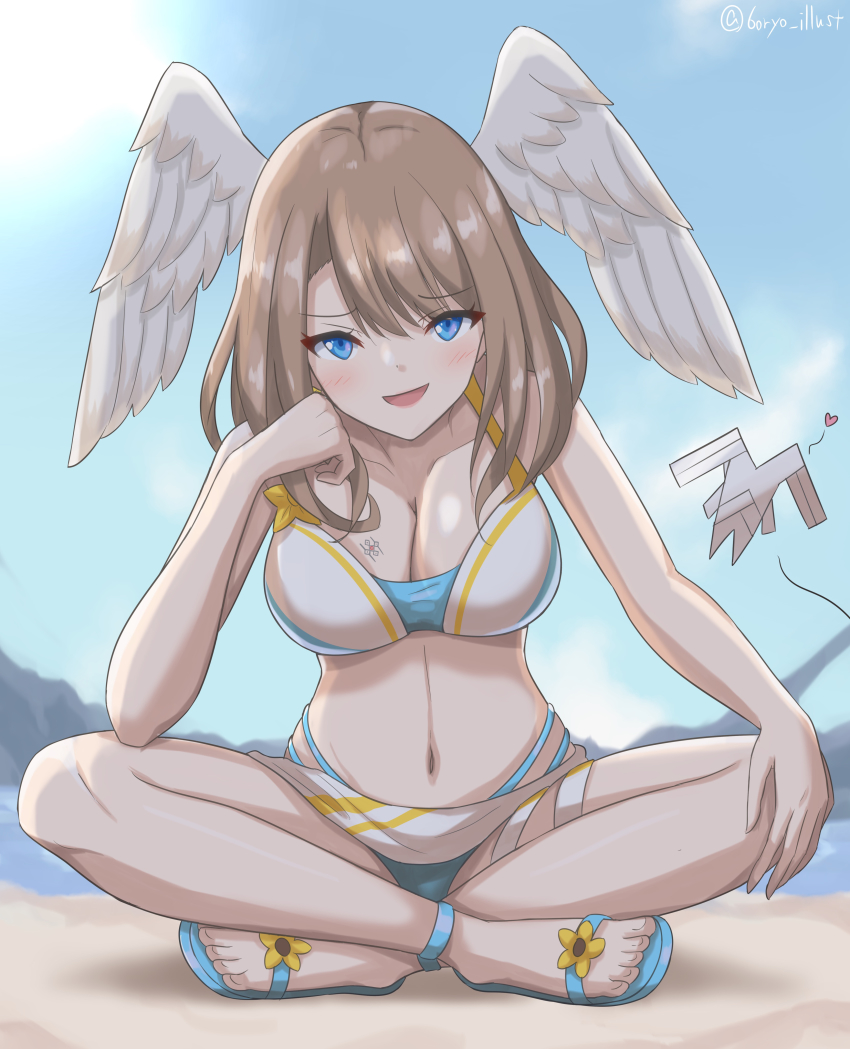 1girl :d absurd_res alluring artist_name beach bikini blue_eyes blue_footwear blush breast_tattoo breasts cleavage eunie_(xenoblade) full_body head_wings high_res indian_style light_brown_hair looking_at_viewer medium_breasts medium_hair mondo_(xenoblade_3) multi-strapped_bikini_bottom navel nintendo official_alternate_costume open_mouth outside ryochan96154 sandals sitting smile swimsuit tattoo white_wings wings xenoblade_(series) xenoblade_chronicles_3