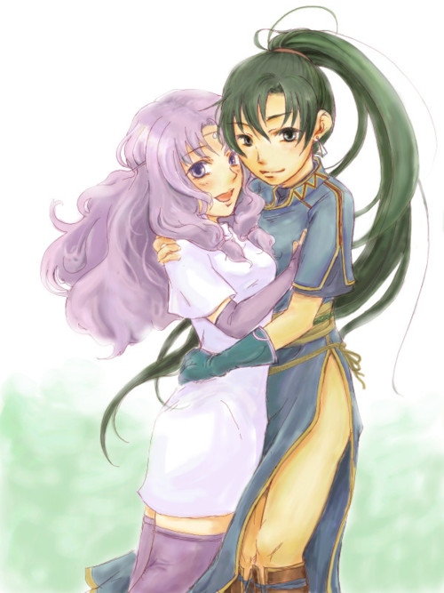 2girls :d art artist_request blush boots chinese_clothes circlet dress earrings elbow_gloves fire_emblem fire_emblem:_rekka_no_ken fire_emblem_7 fire_emblem_blazing_sword florina florina_(fire_emblem) friends gloves green_eyes green_hair hair happy hug jewelry lavender_hair lips long_hair looking_at_viewer love lyn lyndis lyndis_(fire_emblem) multiple_girls mutual_yuri nintendo no_armor open_mouth pegasus_knight ponytail purple_eyes purple_hair side_slit smile thigh_boots thighhighs very_long_hair yuri