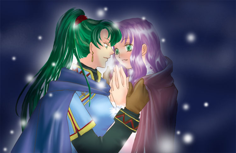 2girls art artist_request blush cape chinese_clothes cloak coat earrings eye_contact fire_emblem fire_emblem:_rekka_no_ken fire_emblem_7 fire_emblem_blazing_sword florina florina_(fire_emblem) friends gloves green_eyes green_hair hair hands_together happy high_ponytail hug incipient_kiss jewelry lavender_hair long_hair looking_at_another love lyn lyndis lyndis_(fire_emblem) multiple_girls mutual_yuri naughty_face nintendo pegasus_knight pink_hair ponytail purple_hair smile snow snowing winter_clothes yuri