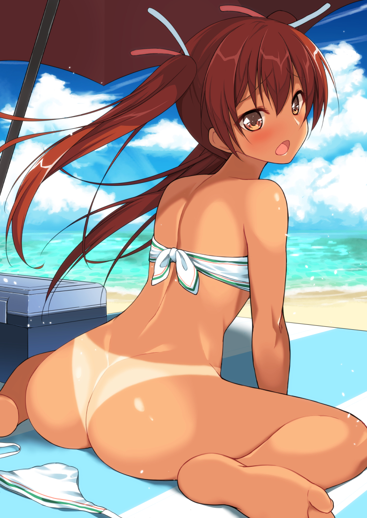 1girl anthropomorphization arm_support ass back bare_arms barefoot beach bent_knees bikini bikini_bottom_removed blush body_mahattaya_ginga bottomless brown_eyes brown_hair cloud cooler dark_skin feet female hair_ornament hair_ribbon kantai_collection leaning_forward libeccio_(kantai_collection) long_hair looking_at_viewer looking_back nopan open_mouth outdoors outside ribbon sitting sky soles solo swimsuit tan tan_line tanned tied_hair toes twin_tails twintails umbrella wariza water white_bikini white_swimsuit