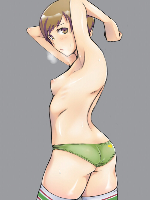 1girl anime armpits arms_up ass atlus blush breasts breath brown_eyes brown_hair chie_satonaka deep_armpits em grey_background looking_back nipples panties persona persona_4 pettanko ribs satonaka_chie short_hair simple_background small_breasts solo stockings sweat thighhighs tomboy topless underwear