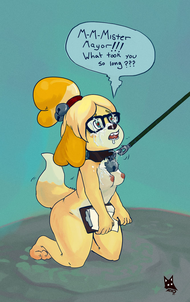 1girl animal_crossing anthro bell blush breasts canine caption clip_board collar cum cum_on_face dog drooling eyewear fur furry glasses hair hairband heart heart-shaped_pupils isabelle_(animal_crossing) mammal newd nintendo nipples nude open_mouth saliva shih_tzu simple_background teeth video_games yellow_fur