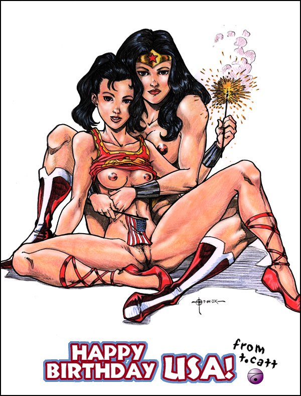 2004 2girls age_difference black_hair blue_eyes boots breasts breasts_out cuddle dc dc_comics donna_troy fireworks fuck_buddies hair horny_friends horny_women lipstick looking_at_viewer multiple_girls muscle pussy red_nipple sandals spread_legs tcatt teen_titans wonder_girl wonder_woman