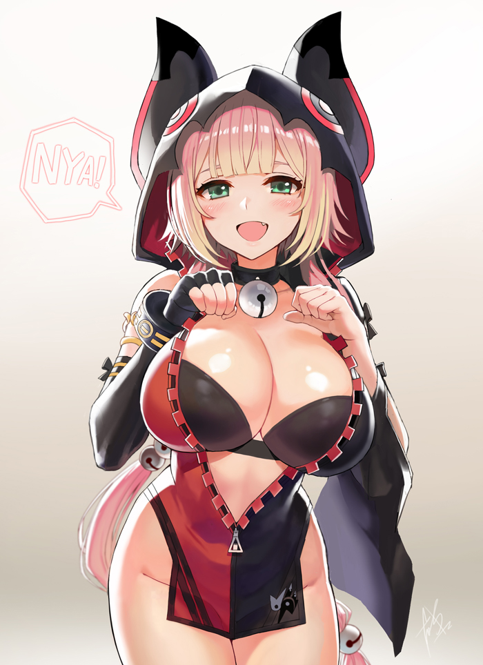 1girl :d bare_shoulders bell black_bra black_jacket blonde_hair blush bottomless bra breasts choker cleavage fang fingerless_gloves gloves green_eyes hands_up hood hooded_jacket jacket large_breasts long_hair looking_at_viewer low-tied_long_hair open_mouth paw_pose single_glove smile soul_worker very_long_hair zipper