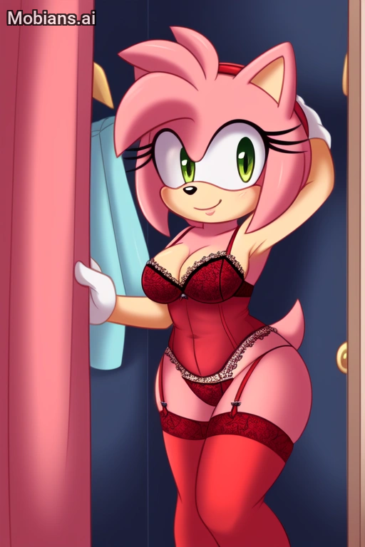 1girl ai_generated amy_rose arms_behind_head female_only fitting_room lingerie mobians.ai posing smile sonic_the_hedgehog_(series) thick_thighs thighs