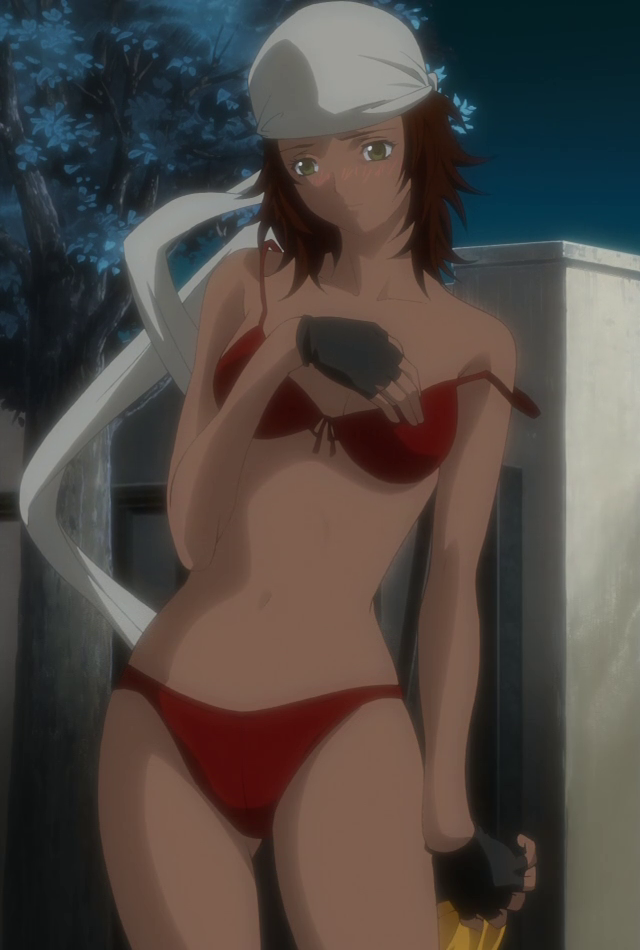 1_girl 1girl air_gear arm arms babe bandanna bare_arms bare_legs bare_shoulders bikini blush breasts brown_hair dark_skin embarrassed female fingerless_gloves front-tie_bikini front-tie_top gloves green_eyes iriya_natsumi legs navel neck night off_shoulder red_bikini red_swimsuit screencap short_hair shy solo standing stitched strap_slip swimsuit