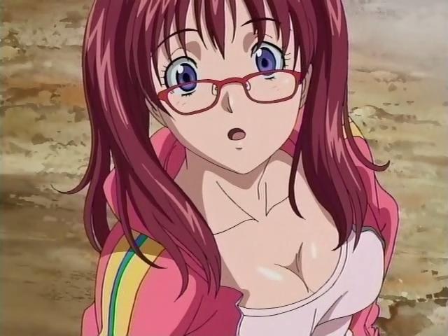 1girl :o air_gear anime big_breasts breasts cleavage collarbone glasses hoodie long_hair looking_at_viewer noyamano_ringo open_mouth purple_eyes red_hair upper_body