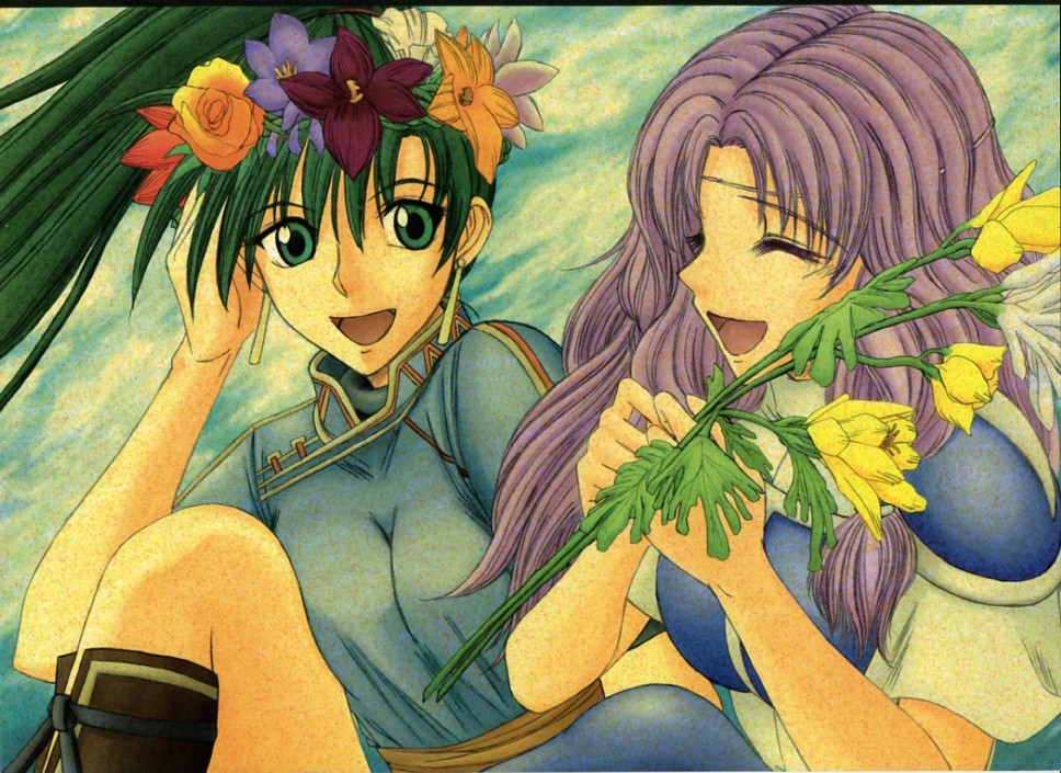 2girls :d armor armored_dress art artist_request boots breasts chinese_clothes circlet closed_eyes dress earrings fire_emblem fire_emblem:_rekka_no_ken fire_emblem_7 fire_emblem_blazing_sword florina florina_(fire_emblem) flower friends green_eyes green_hair hair hair_flower hair_ornament happy head_wreath jewelry laugh laughing lavender_hair long_hair lyn lyndis lyndis_(fire_emblem) multiple_girls mutual_yuri nintendo open_mouth pegasus_knight ponytail purple_hair sitting smile wreath yuri