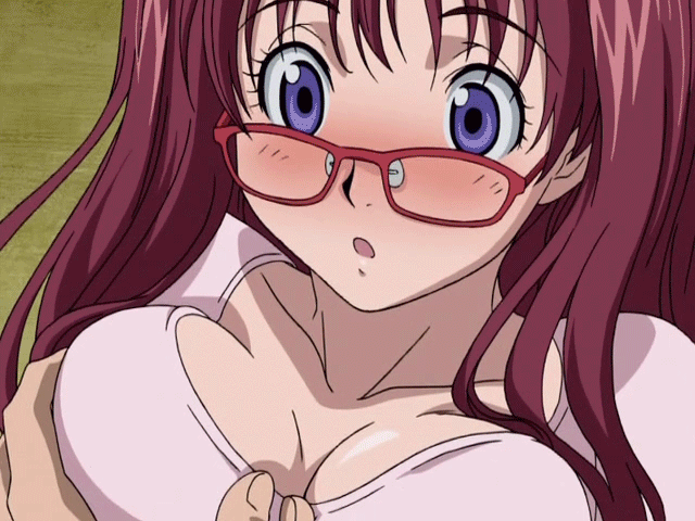 1boy 1girl air_gear animated animated_gif anime big_breasts blush breast_grab breasts cleavage food food_in_mouth gif glasses grabbing groping large_breasts long_hair noyamano_ringo purple_eyes red-framed_glasses twintails