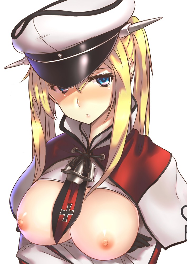 1girl 1girl anchor big_breasts black_gloves blonde blue_eyes blush breasts breasts_out_of_clothes capelet gloves graf_zeppelin_(kantai_collection) hair_between_eyes hat high_resolution iron_cross kantai_collection long_hair looking_at_viewer military military_uniform nipples open_clothes peaked_cap shirokuma tied_hair twin_tails uniform