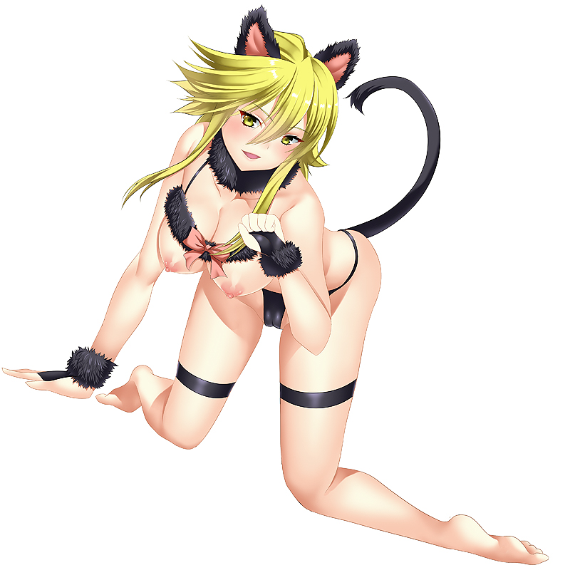 1:1_aspect_ratio 1girl akame_ga_kill! all_fours animal_ears arm_support barefoot black_panties blonde bow bra breastless_clothing cameltoe cat_tail feet fingerless_gloves gloves leone leone_(akame_ga_kill!) long_hair navel nekomimi nipples nude open_mouth panties simple_background smile tail un4lord underwear white_background yellow_eyes