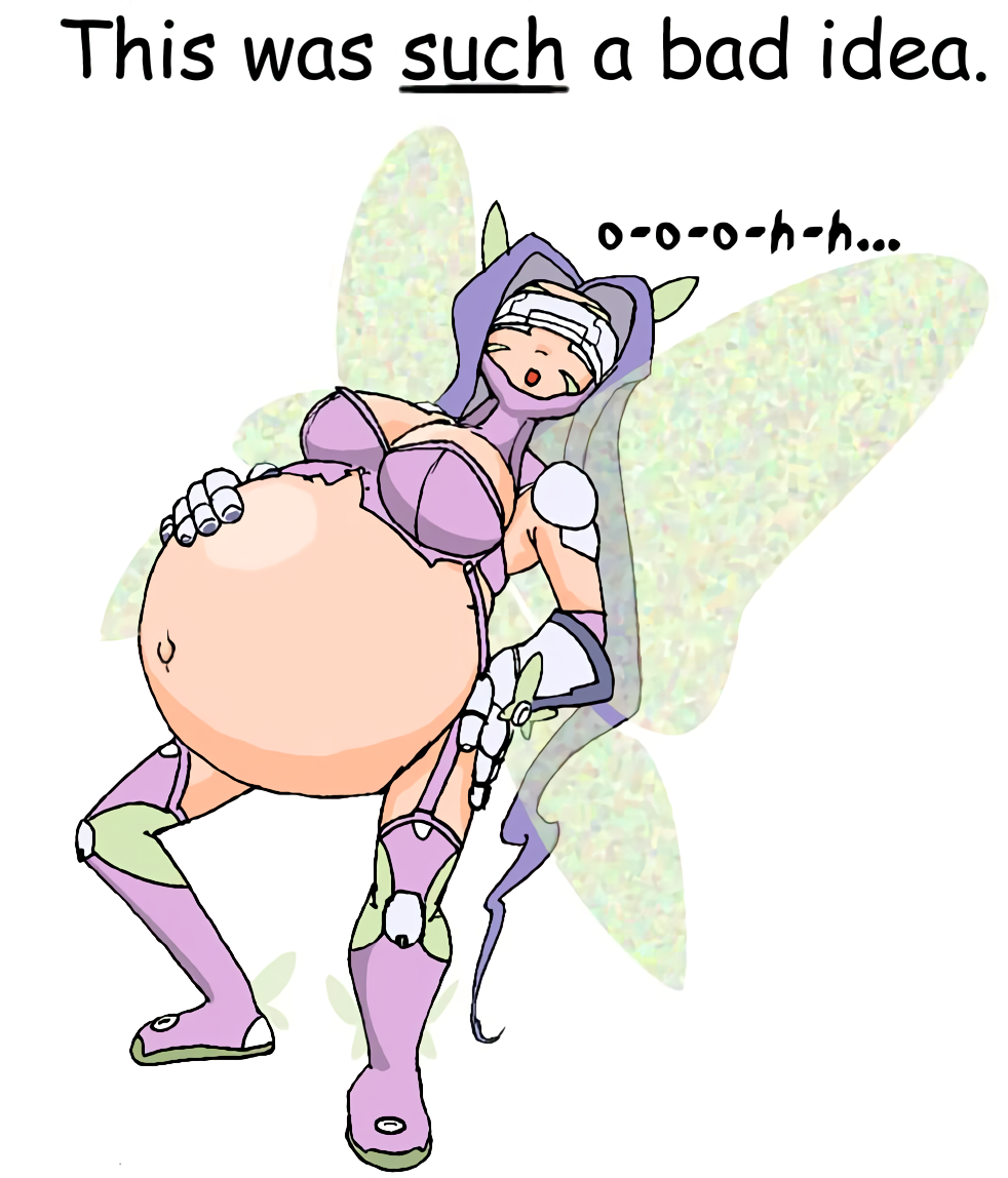 axel-rosered belly_bulge belly_expansion digimon digimon_(species) digimon_tamers facial_mark fairimon gauntlets hand_on_belly inflation knee_boots pain purple_hair visor vore weight_gain wings