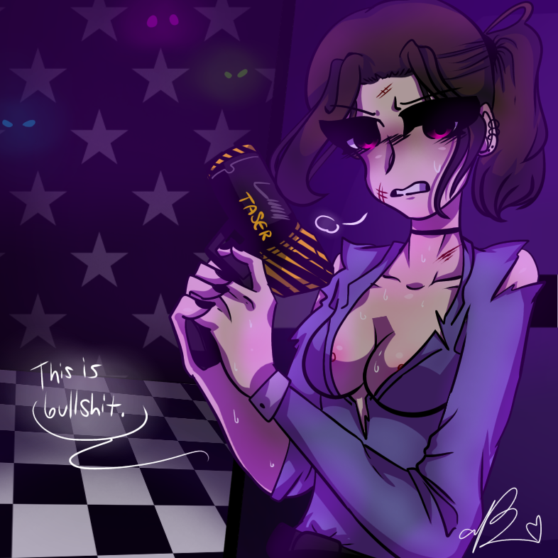 aly_artist artist_self-insert brunette five_nights_at_freddy's gun injured injury pink_eyes ripped_clothes scratches security_guard security_guard_(fnaf) self_insert uniform