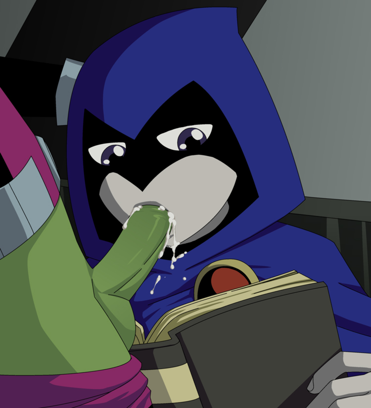 beast_boy book cape clothed cum cum_in_mouth cum_on_clothes dc_comics fellatio grey_skin hood incognitymous_(artist) oral penis purple_eyes raven_(dc) teen_titans testicles