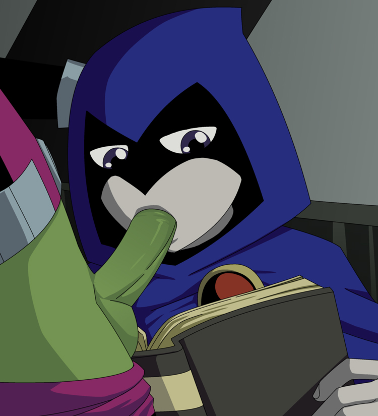 beast_boy book cape clothed dc_comics fellatio grey_skin hood incognitymous_(artist) oral penis purple_eyes raven_(dc) teen_titans testicles